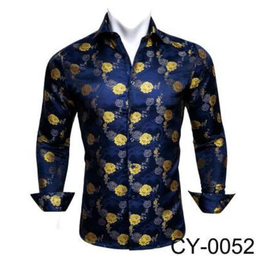 Gold Blue Floral Silk Mens Shirts. CY-0052 - SimonVon Shop