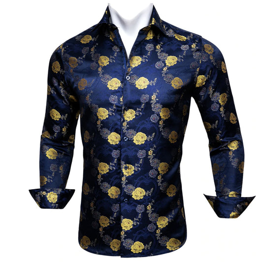 Gold Blue Floral Silk Mens Shirts. CY-0052 - SimonVon Shop