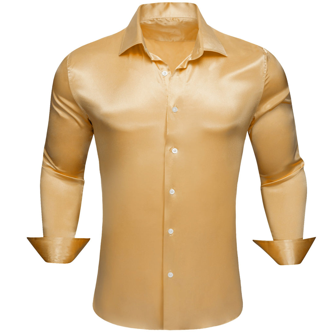 Gold Solid Satin Silk Men's Long Sleeve Dress Shirt- CY-0516 - SimonVon Shop