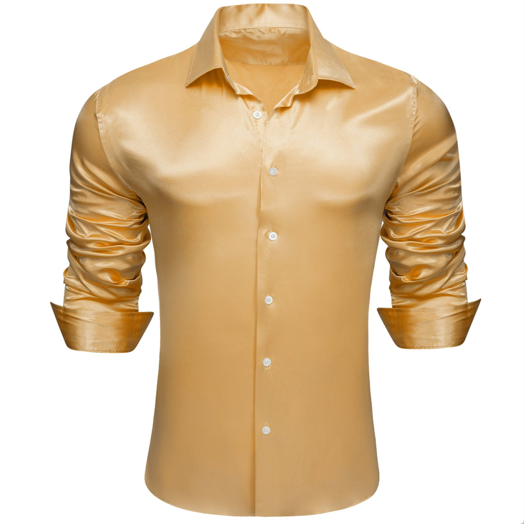 Gold Solid Satin Silk Men's Long Sleeve Dress Shirt- CY-0516 - SimonVon Shop