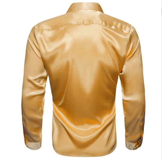 Gold Solid Satin Silk Men's Long Sleeve Dress Shirt- CY-0516 - SimonVon Shop