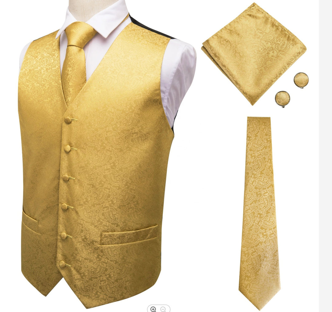 Golden Paisley Jacquard Men's 4pc Waistcoat Vest Necktie Pocket Square Cufflinks Set- MJ-0009 - SimonVon Shop