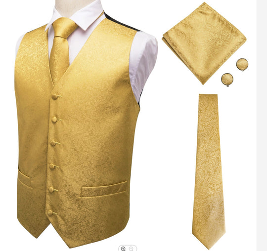 Golden Paisley Jacquard Men's 4pc Waistcoat Vest Necktie Pocket Square Cufflinks Set- MJ-0009 - SimonVon Shop