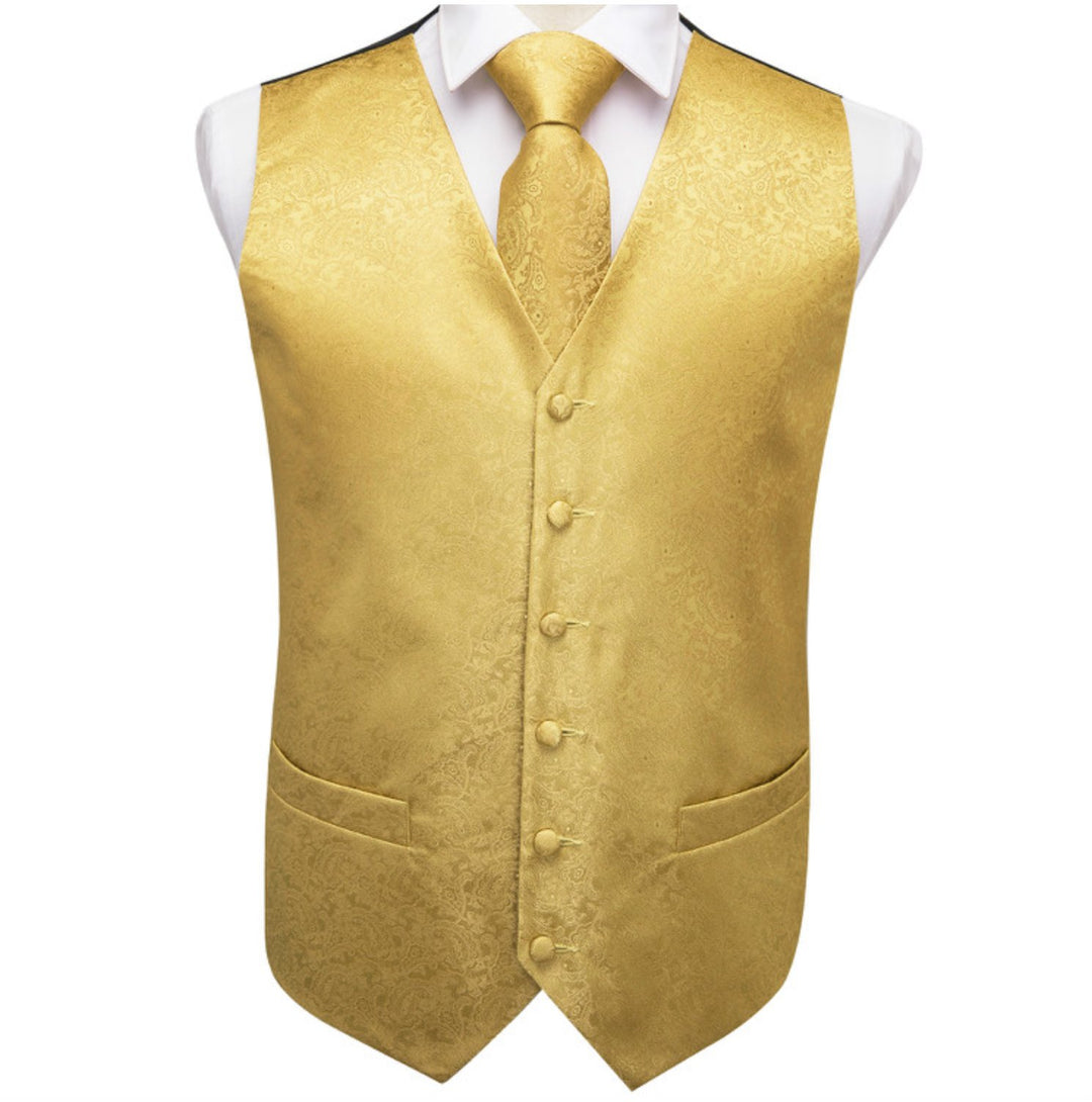 Golden Paisley Jacquard Men's 4pc Waistcoat Vest Necktie Pocket Square Cufflinks Set- MJ-0009 - SimonVon Shop