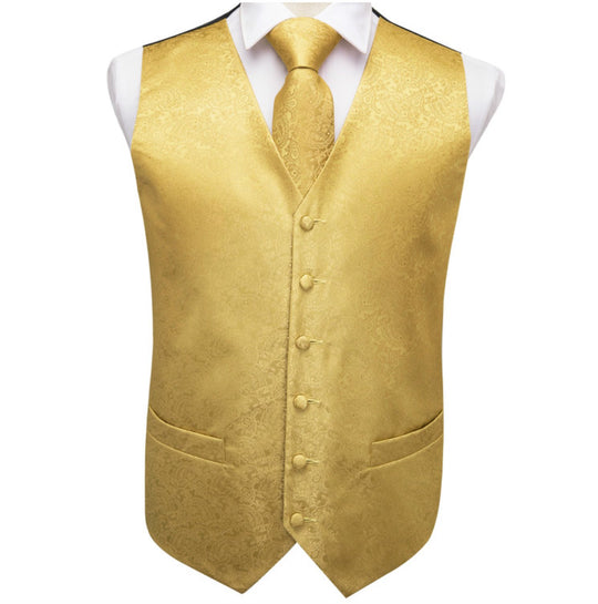 Golden Paisley Jacquard Men's 4pc Waistcoat Vest Necktie Pocket Square Cufflinks Set- MJ-0009 - SimonVon Shop