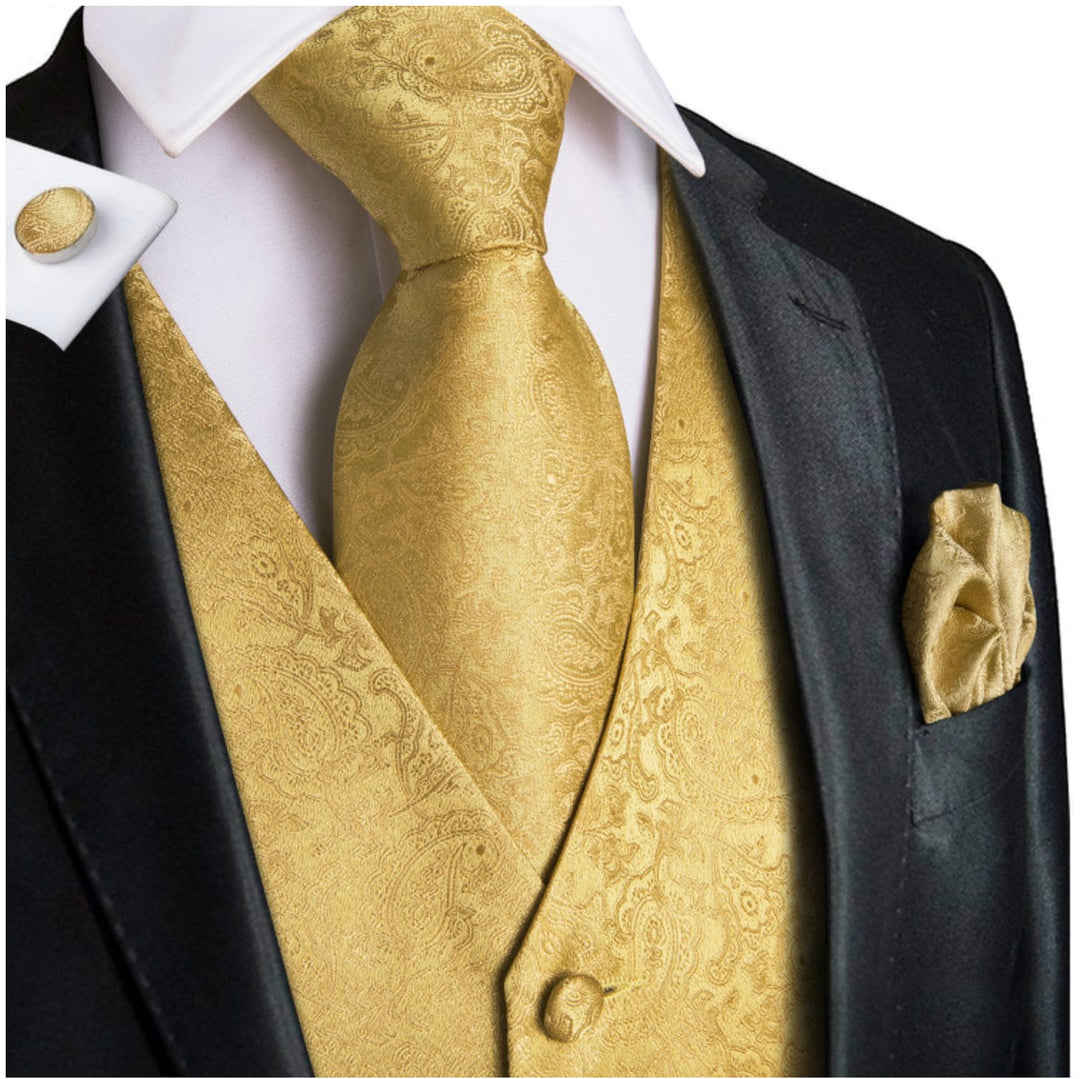 Golden Paisley Jacquard Men's 4pc Waistcoat Vest Necktie Pocket Square Cufflinks Set- MJ-0009 - SimonVon Shop