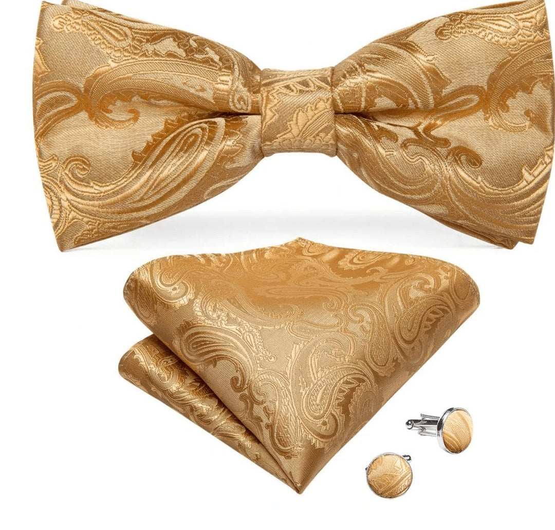 Golden Paisley Jacquard Men's 4pc Waistcoat Vest Necktie Pocket Square Cufflinks Set. MJ-0112 - SimonVon Shop