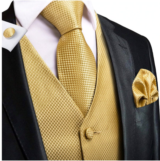 Golden Plaid Silk Paisley Jacquard Men's 4pc Waistcoat Vest Necktie Pocket Square Cufflinks Set- MJ-0023 - SimonVon Shop