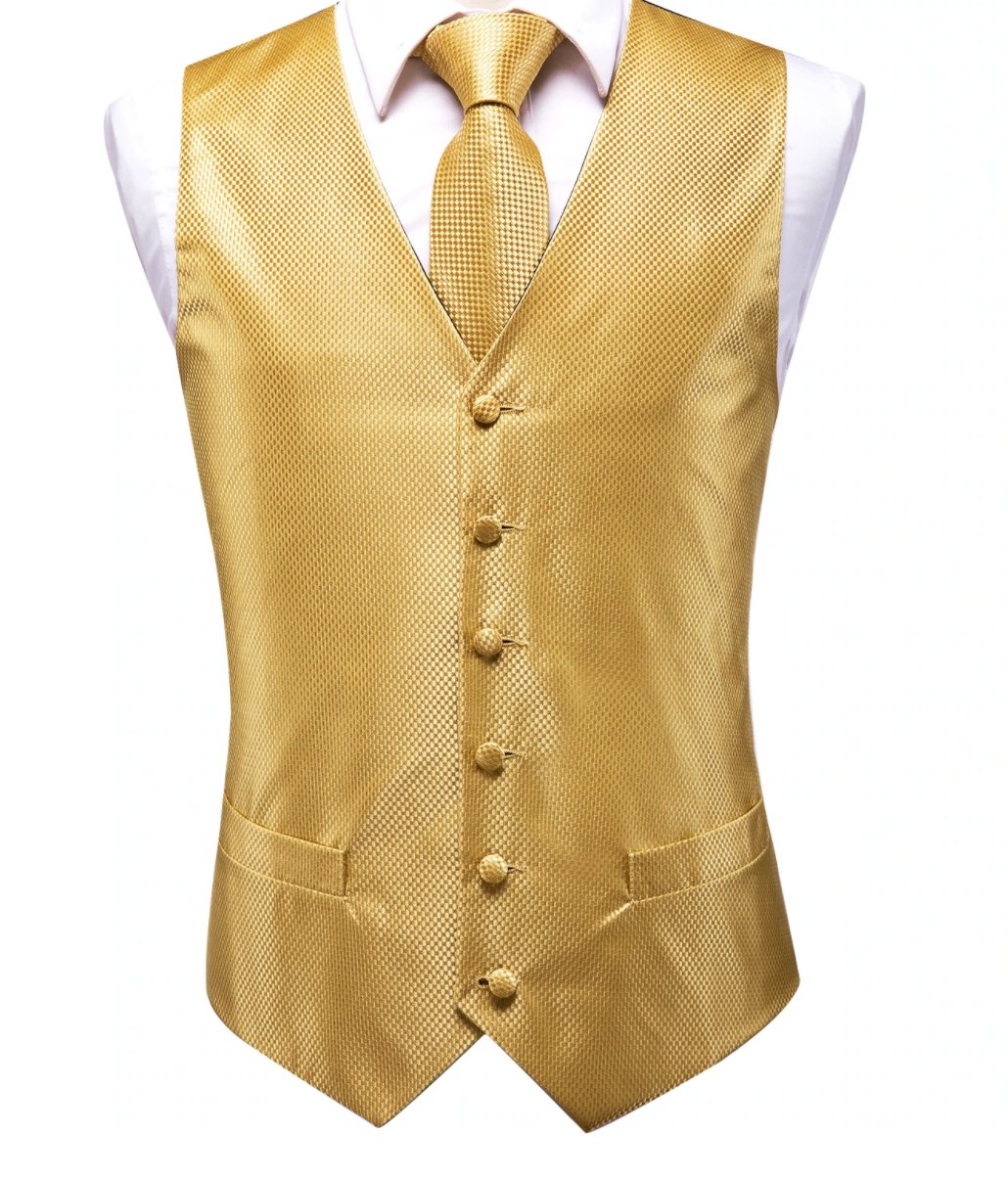 Golden Plaid Silk Paisley Jacquard Men's 4pc Waistcoat Vest Necktie Pocket Square Cufflinks Set- MJ-0023 - SimonVon Shop