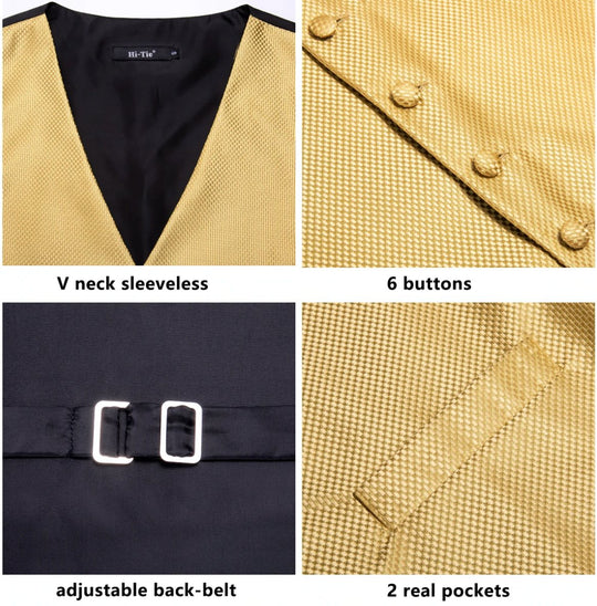 Golden Plaid Silk Paisley Jacquard Men's 4pc Waistcoat Vest Necktie Pocket Square Cufflinks Set- MJ-0023 - SimonVon Shop
