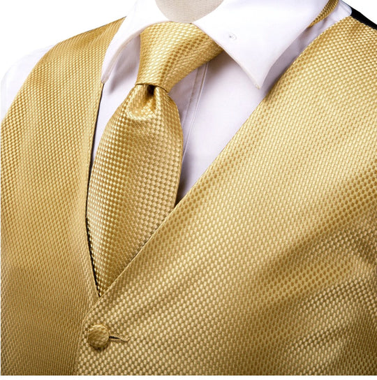 Golden Plaid Silk Paisley Jacquard Men's 4pc Waistcoat Vest Necktie Pocket Square Cufflinks Set- MJ-0023 - SimonVon Shop