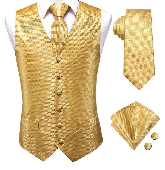 Golden Plaid Silk Paisley Jacquard Men's 4pc Waistcoat Vest Necktie Pocket Square Cufflinks Set- MJ-0023 - SimonVon Shop