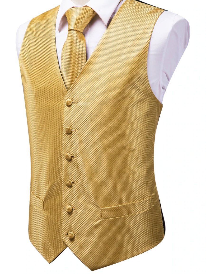 Golden Plaid Silk Paisley Jacquard Men's 4pc Waistcoat Vest Necktie Pocket Square Cufflinks Set- MJ-0023 - SimonVon Shop