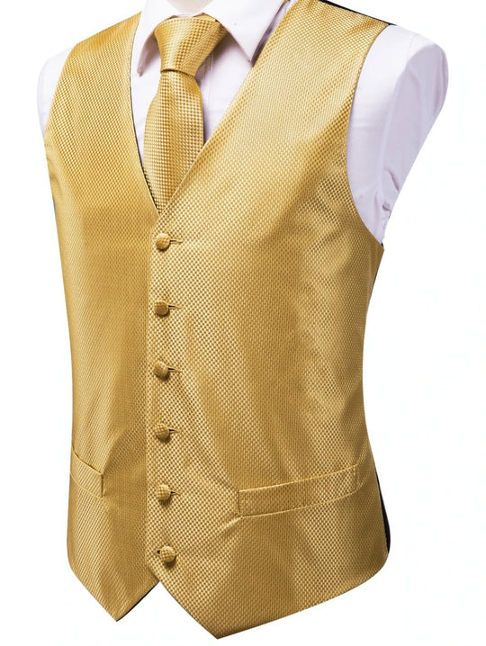 Golden Plaid Silk Paisley Jacquard Men's 4pc Waistcoat Vest Necktie Pocket Square Cufflinks Set- MJ-0023 - SimonVon Shop