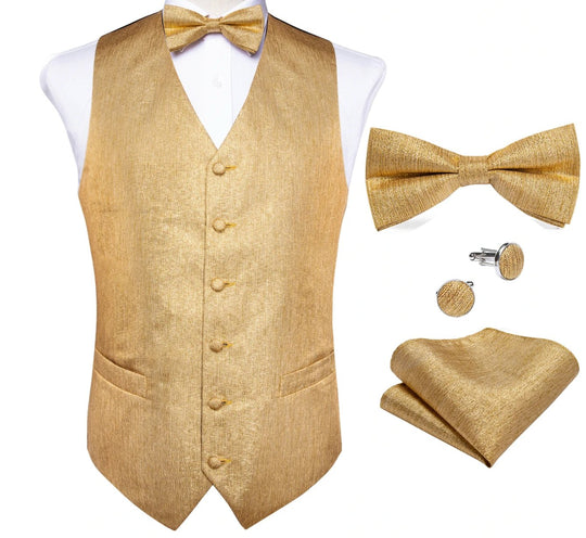 Golden Solid Jacquard Silk Men's 4pc Waistcoat Vest Necktie Pocket Square Cufflinks Set- MJ-0122 - SimonVon Shop