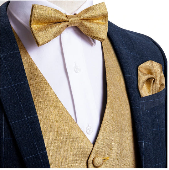 Golden Solid Jacquard Silk Men's 4pc Waistcoat Vest Necktie Pocket Square Cufflinks Set- MJ-0122 - SimonVon Shop