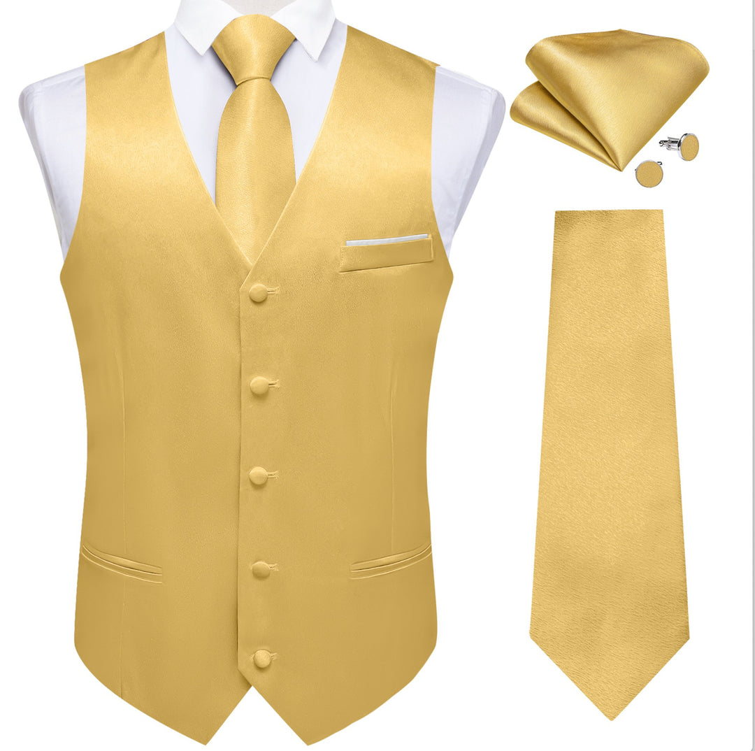 Goose Yellow Solid Satin Waistcoat Vest Tie Handkerchief Cufflinks Set-MJ-0633 - SimonVon Shop