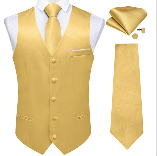 Goose Yellow Solid Satin Waistcoat Vest Tie Handkerchief Cufflinks Set-MJ-0633 - SimonVon Shop