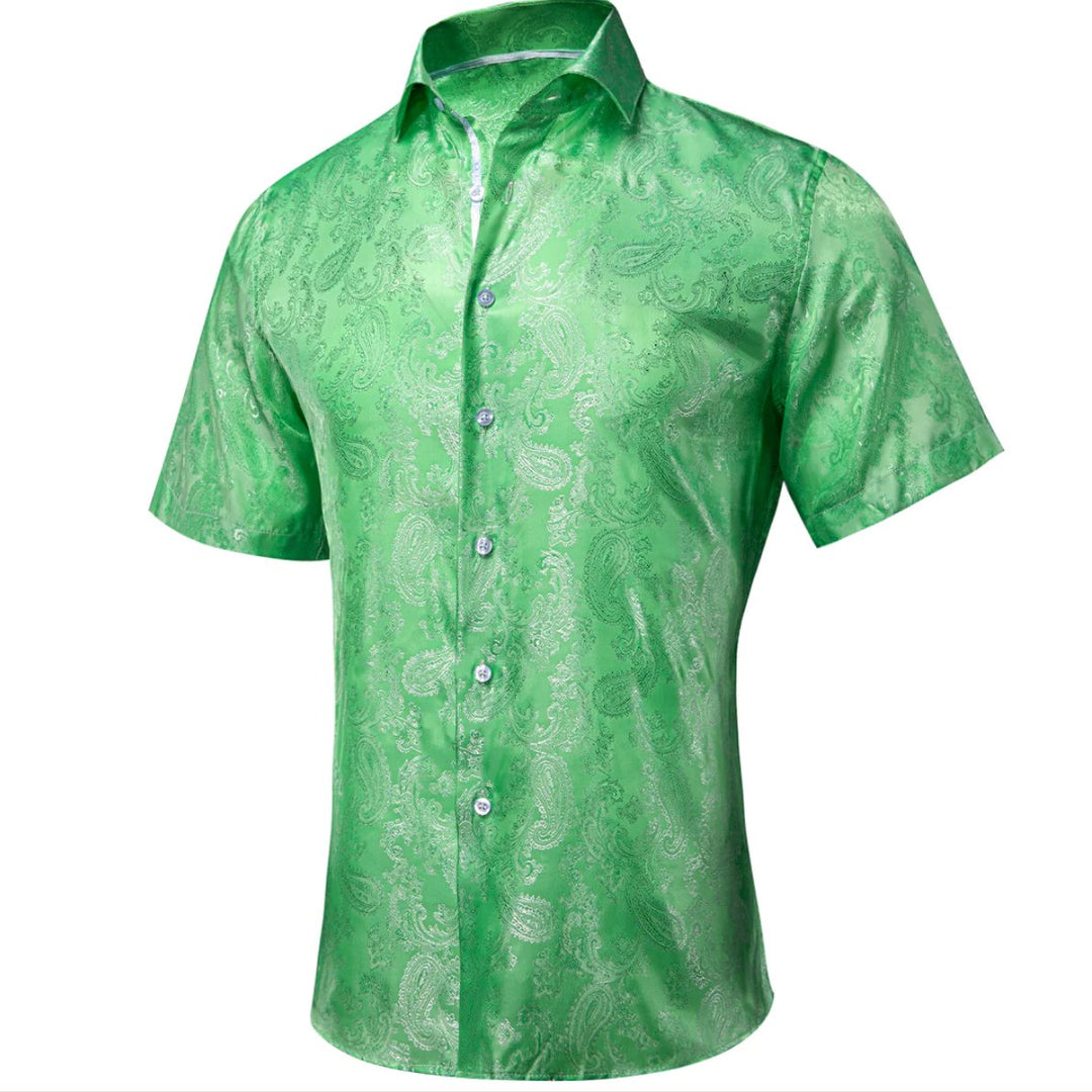 Grass Green Paisley Silk Men's Short Sleeve Shirt-CY-1463 - SimonVon Shop