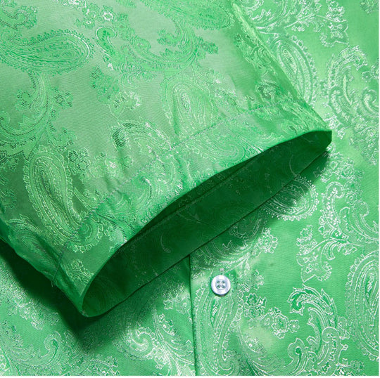 Grass Green Paisley Silk Men's Short Sleeve Shirt-CY-1463 - SimonVon Shop