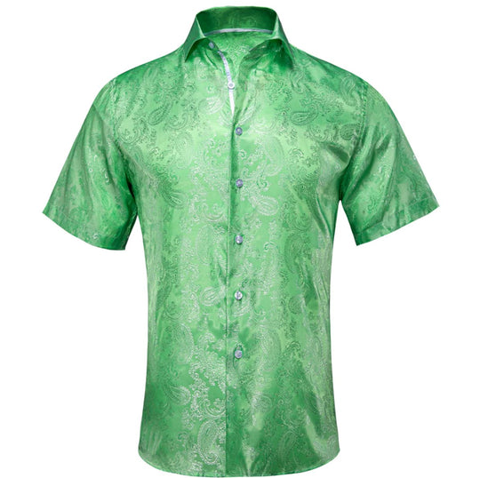 Grass Green Paisley Silk Men's Short Sleeve Shirt-CY-1463 - SimonVon Shop