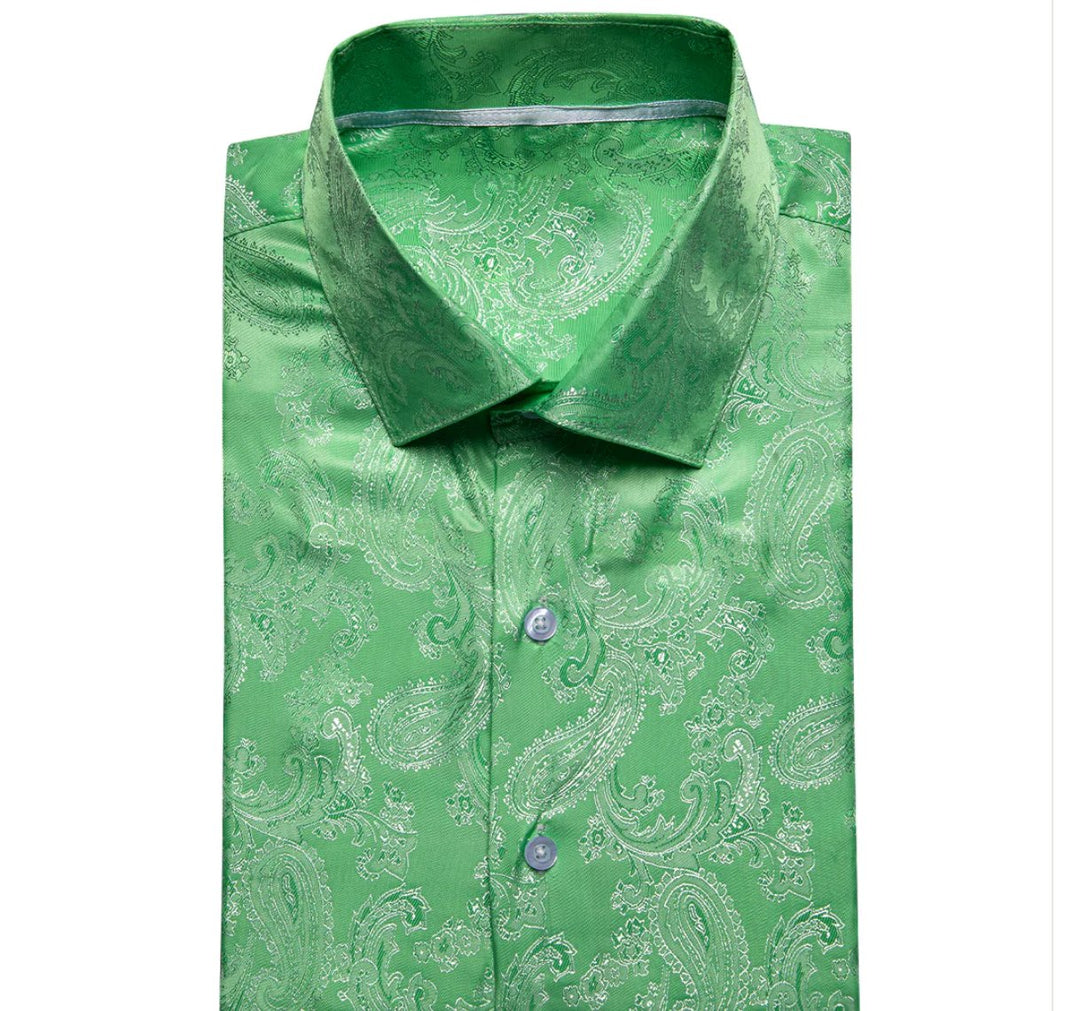 Grass Green Paisley Silk Men's Short Sleeve Shirt-CY-1463 - SimonVon Shop