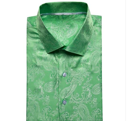 Grass Green Paisley Silk Men's Short Sleeve Shirt-CY-1463 - SimonVon Shop