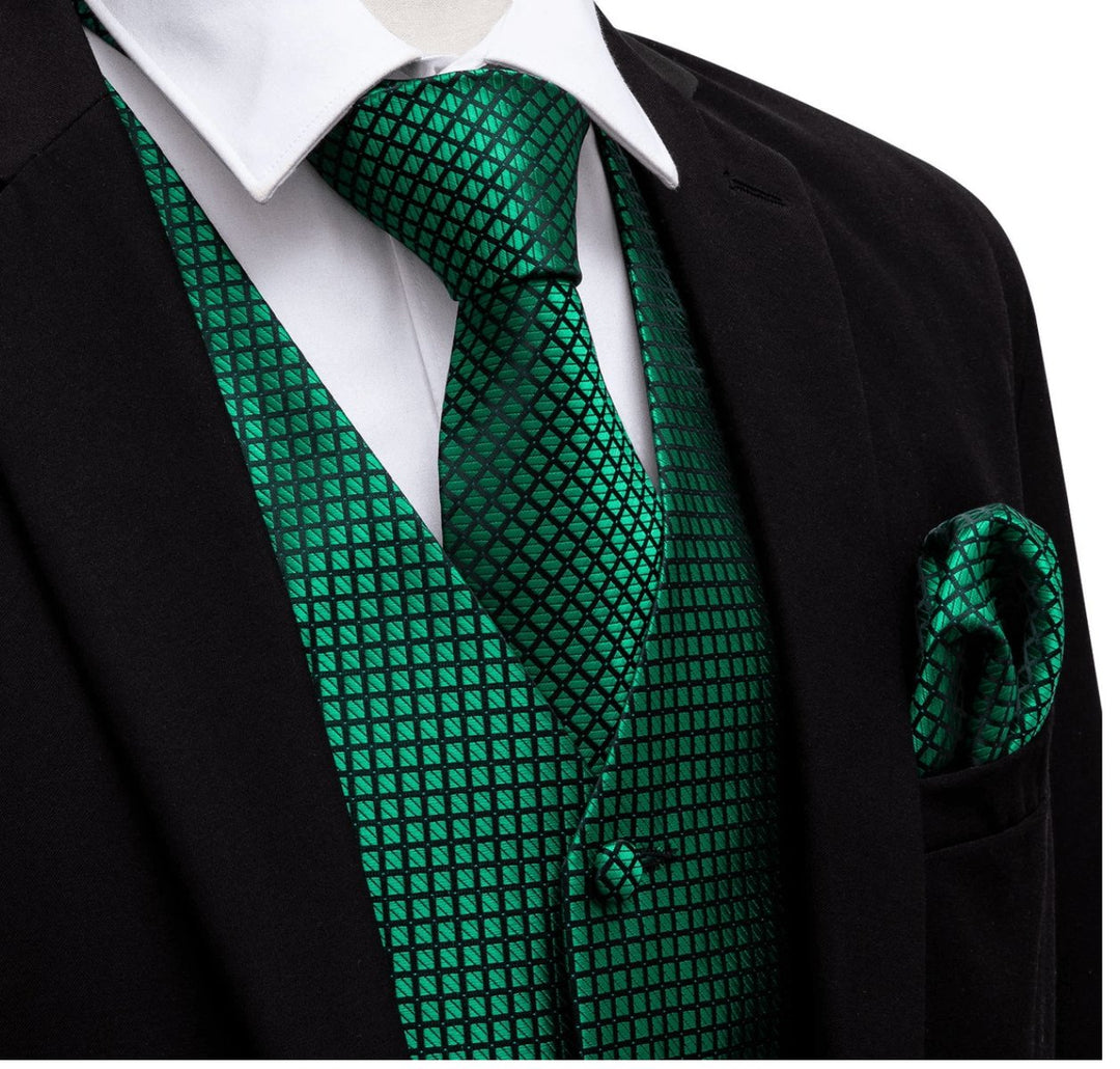 Green and Black plaid Men's 4pc Waistcoat Vest Necktie Pocket Square Cufflinks Set- MJ-2004 - SimonVon Shop