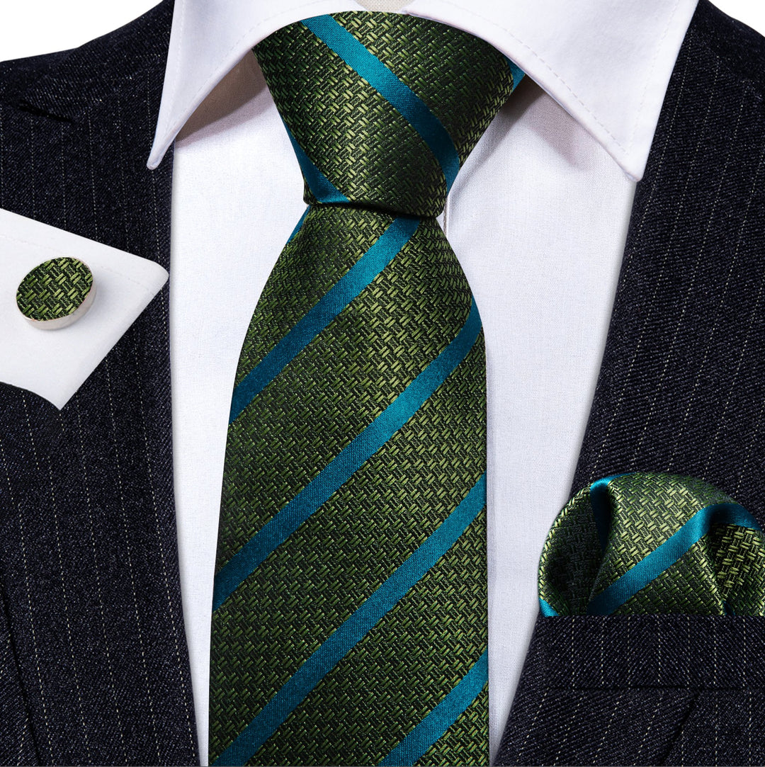 Green Blue Striped Silk Tie Handkerchief Cufflinks Set- N-5845 - SimonVon Shop