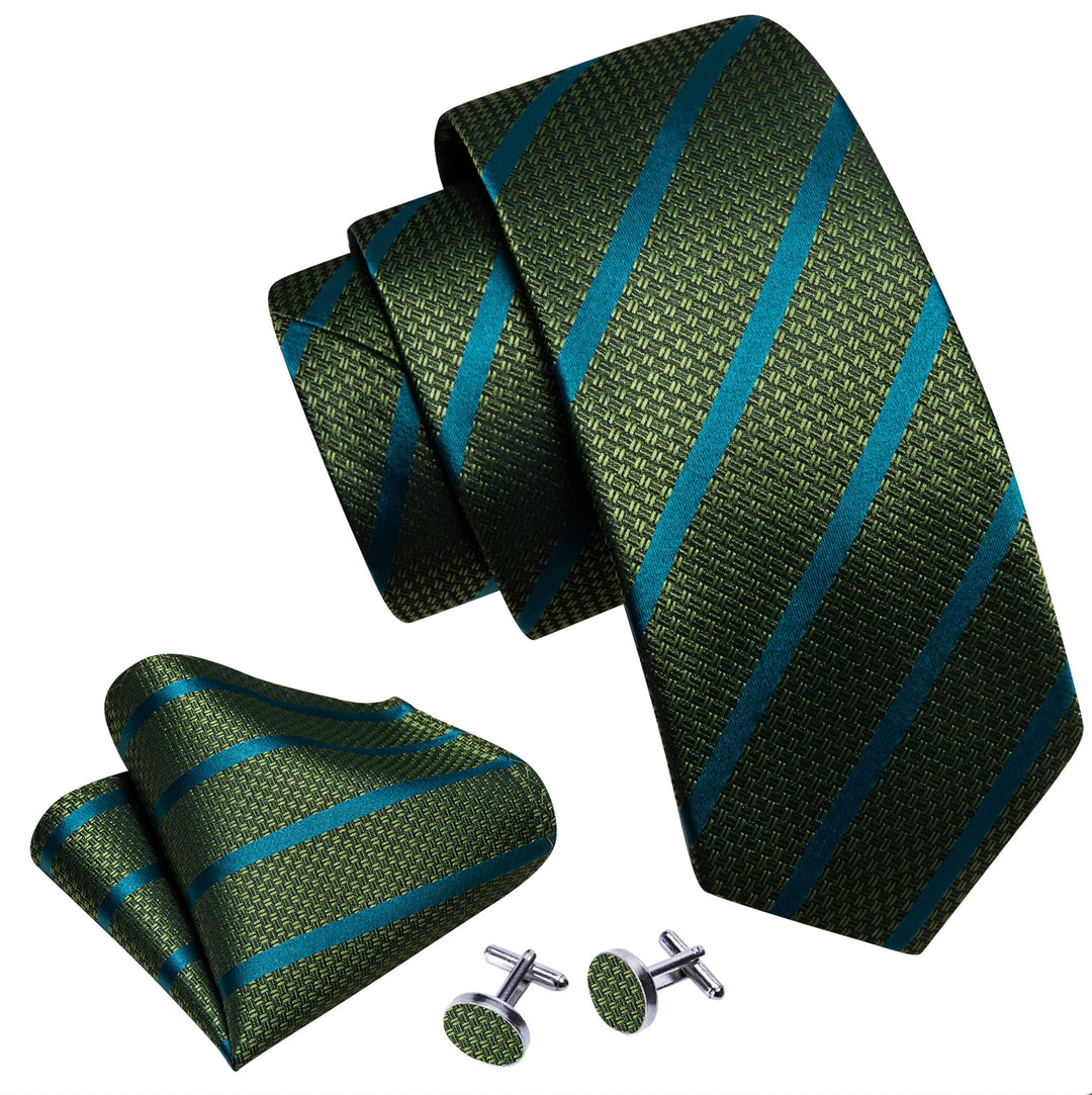 Green Blue Striped Silk Tie Handkerchief Cufflinks Set- N-5845 - SimonVon Shop