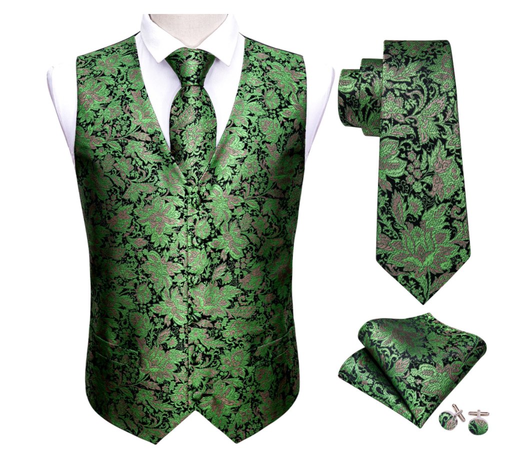 Green Brocade 4 PC Paisley Waistcoat and Necktie Pocket Square Cufflink Vest Set- MJ-2040 - SimonVon Shop