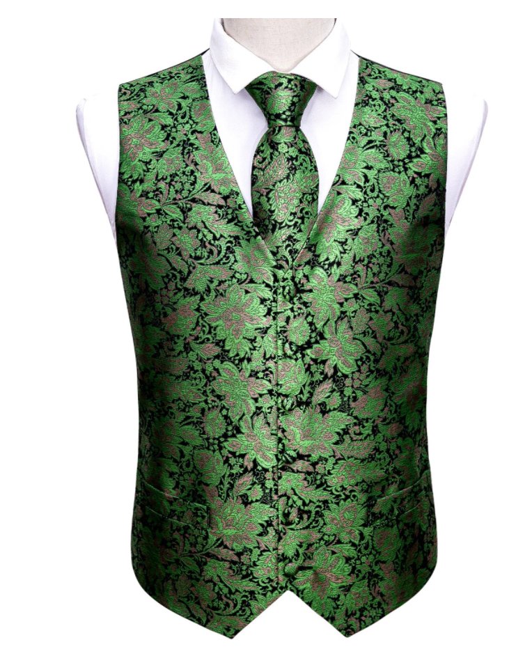 Green Brocade 4 PC Paisley Waistcoat and Necktie Pocket Square Cufflink Vest Set- MJ-2040 - SimonVon Shop