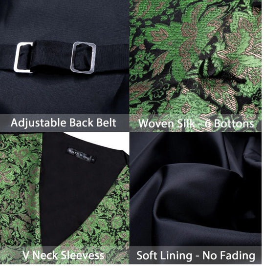 Green Brocade 4 PC Paisley Waistcoat and Necktie Pocket Square Cufflink Vest Set- MJ-2040 - SimonVon Shop