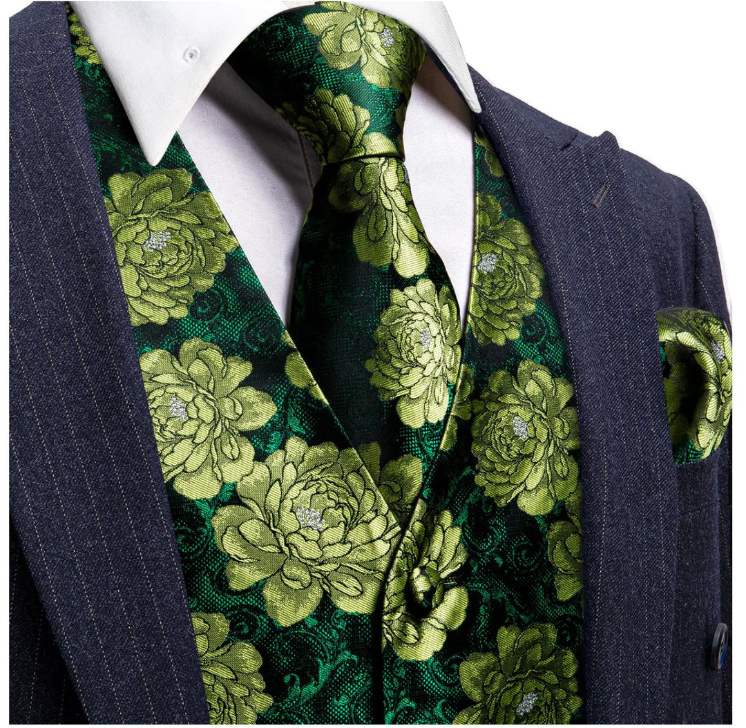 Green Flower Silk Vest Tie Pocket Square Cufflinks Set-MJ-2561 - SimonVon Shop