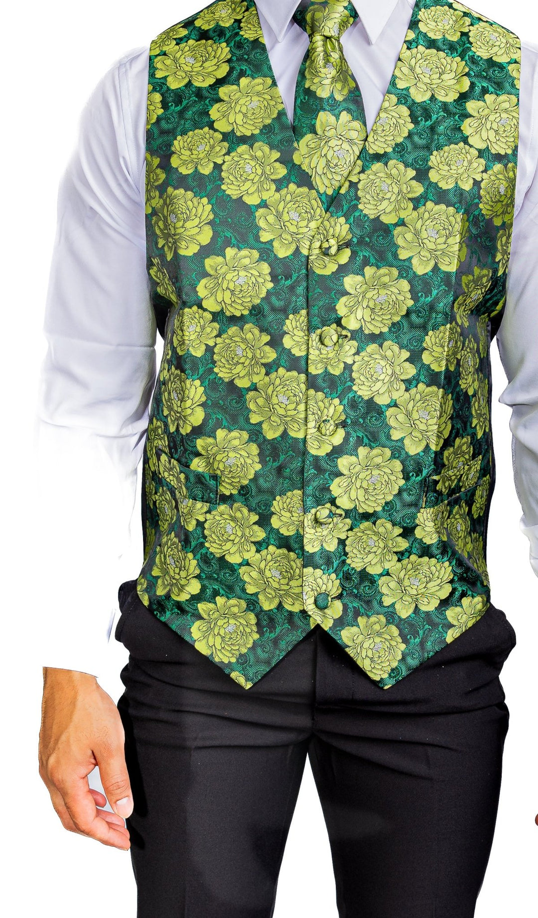 Green Flower Silk Vest Tie Pocket Square Cufflinks Set-MJ-2561 - SimonVon Shop