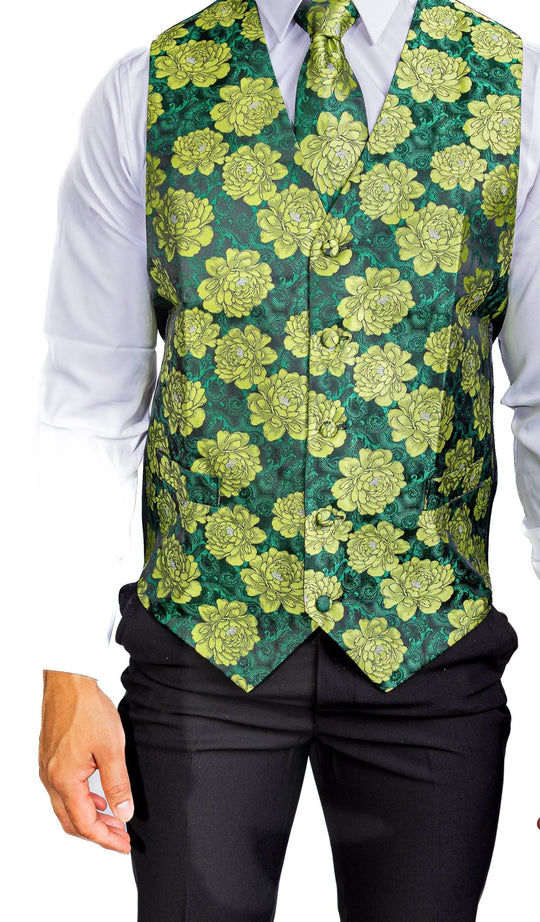Green Flower Silk Vest Tie Pocket Square Cufflinks Set-MJ-2561 - SimonVon Shop