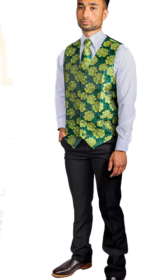 Green Flower Silk Vest Tie Pocket Square Cufflinks Set-MJ-2561 - SimonVon Shop