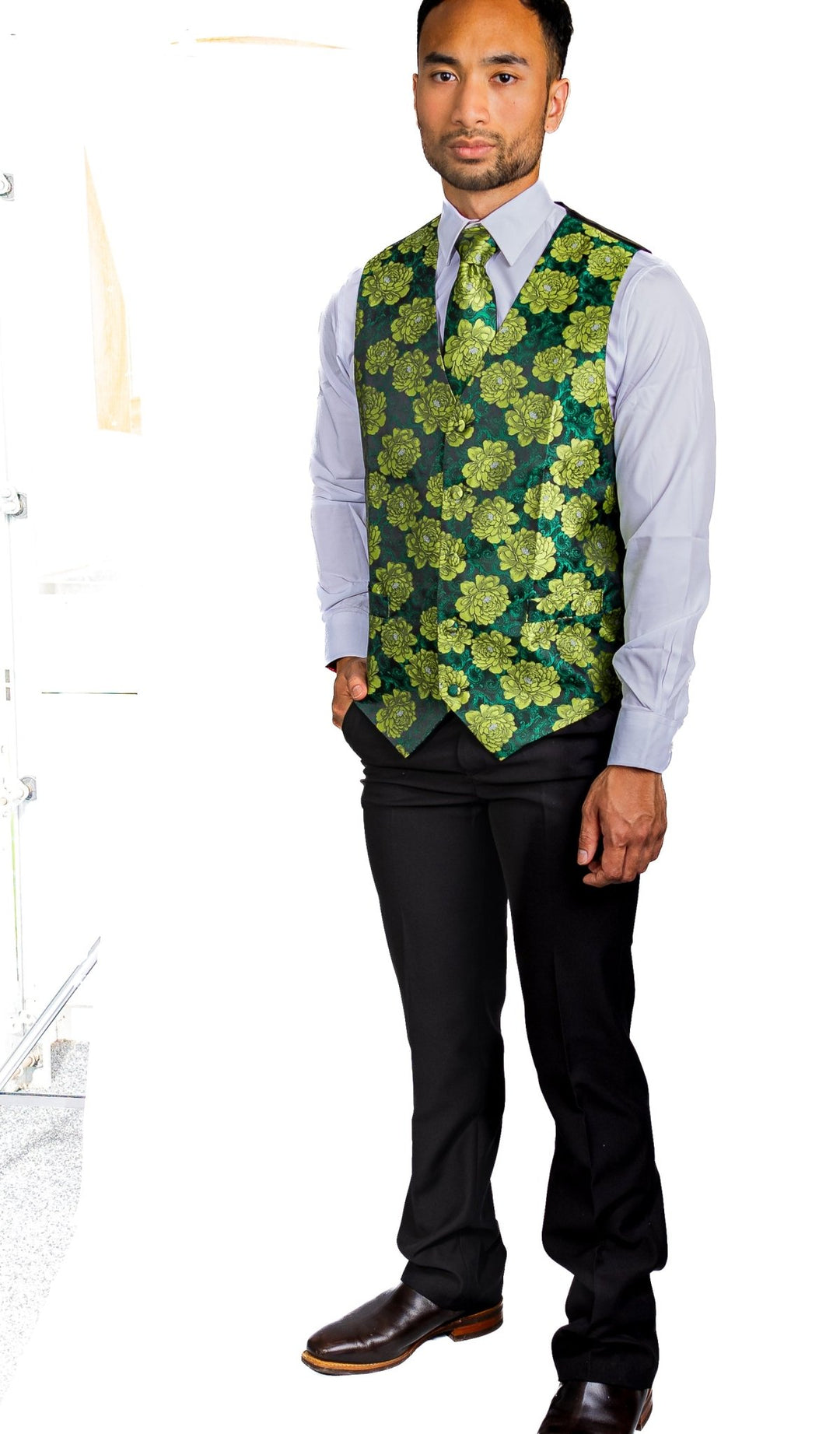 Green Flower Silk Vest Tie Pocket Square Cufflinks Set-MJ-2561 - SimonVon Shop