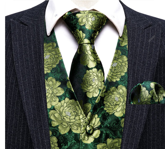 Green Flower Silk Vest Tie Pocket Square Cufflinks Set-MJ-2561 - SimonVon Shop