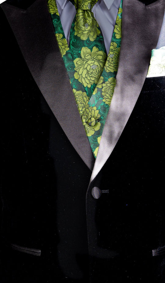Green Flower Silk Vest Tie Pocket Square Cufflinks Set-MJ-2561 - SimonVon Shop