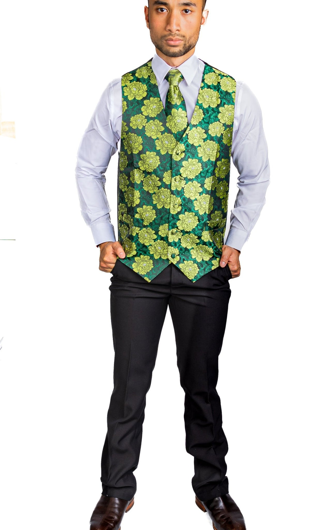Green Flower Silk Vest Tie Pocket Square Cufflinks Set-MJ-2561 - SimonVon Shop