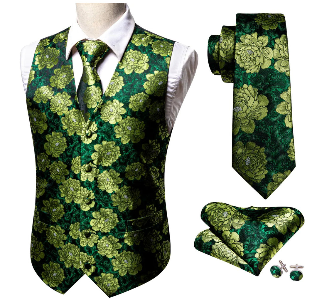 Green Flower Silk Vest Tie Pocket Square Cufflinks Set-MJ-2561 - SimonVon Shop