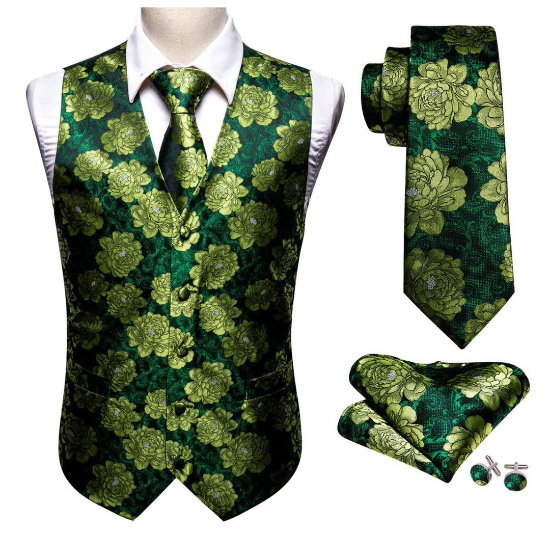 Green Flower Silk Vest Tie Pocket Square Cufflinks Set-MJ-2561 - SimonVon Shop