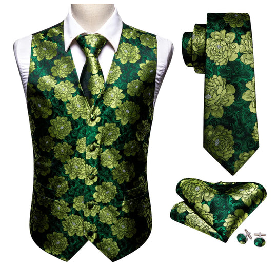 Green Flower Silk Vest Tie Pocket Square Cufflinks Set-MJ-2561 - SimonVon Shop