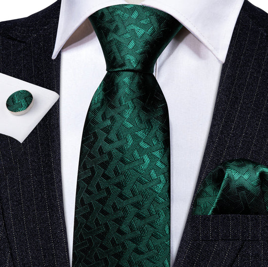 Green Lattice Men's Tie Handkerchief Cufflinks Set- N-5847 - SimonVon Shop
