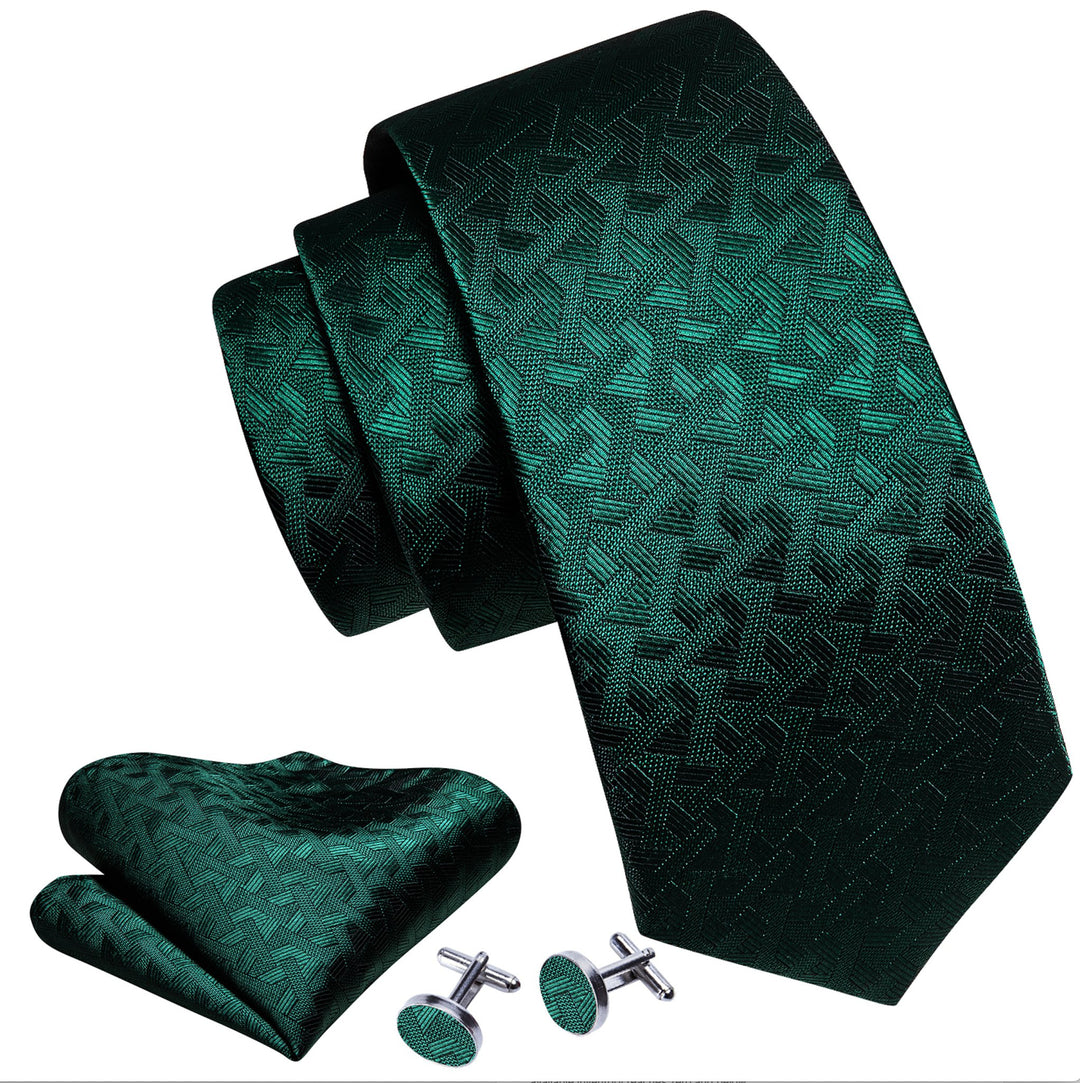 Green Lattice Men's Tie Handkerchief Cufflinks Set- N-5847 - SimonVon Shop