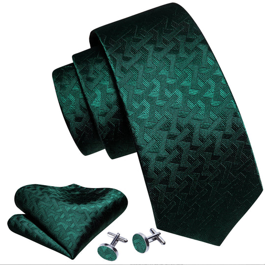 Green Lattice Men's Tie Handkerchief Cufflinks Set- N-5847 - SimonVon Shop