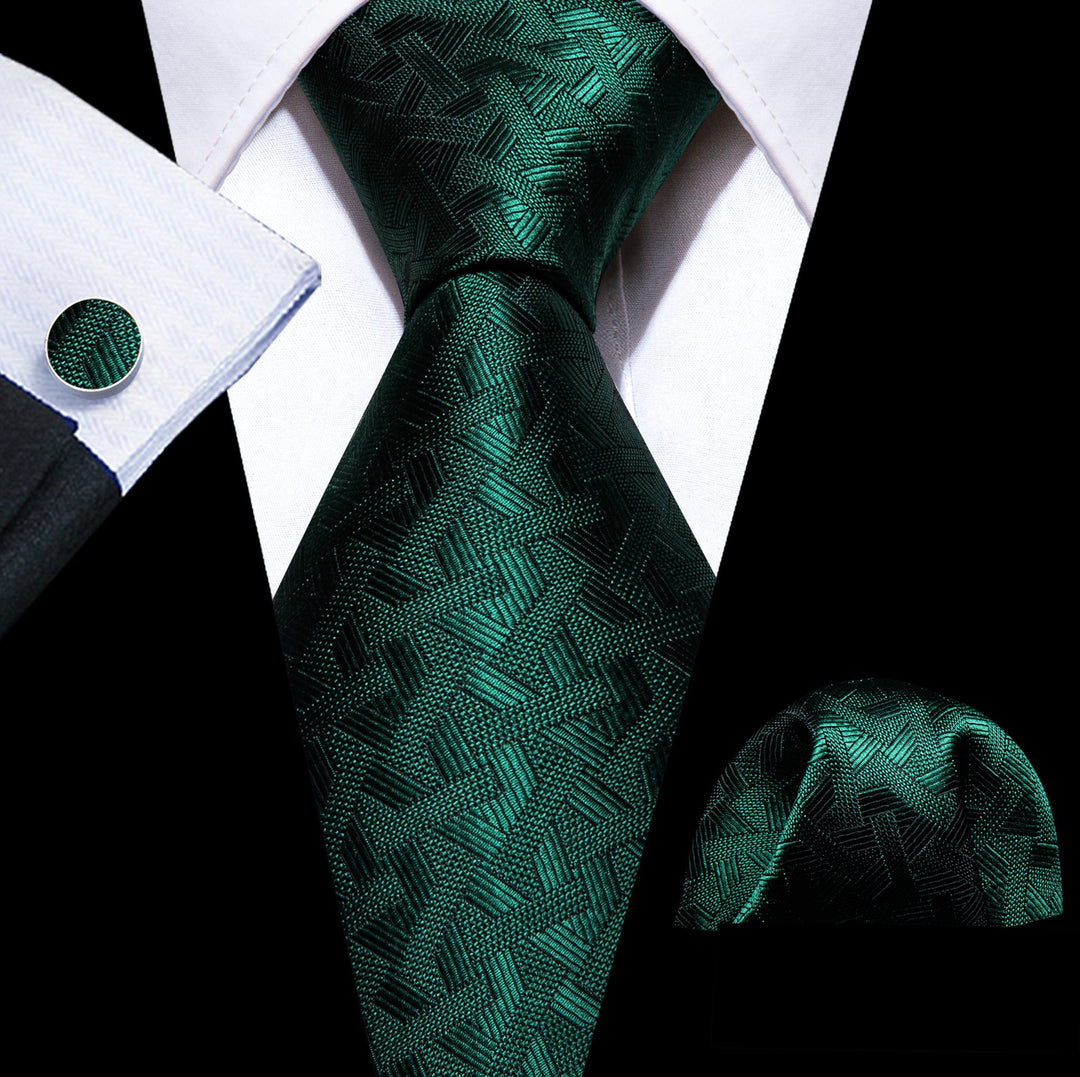 Green Lattice Men's Tie Handkerchief Cufflinks Set- N-5847 - SimonVon Shop