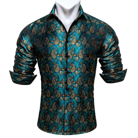 Green Orange Peacock Paisley Men's Shirt- CY-0434 - SimonVon Shop