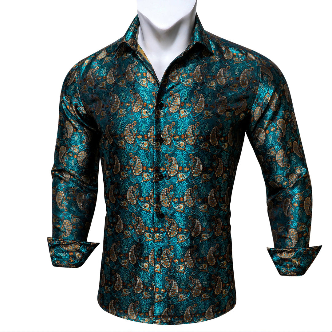 Green Orange Peacock Paisley Men's Shirt- CY-0434 - SimonVon Shop